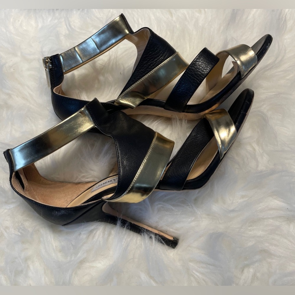 Jimmy choo ankle heels sandal, black& gold straps with zip at the back